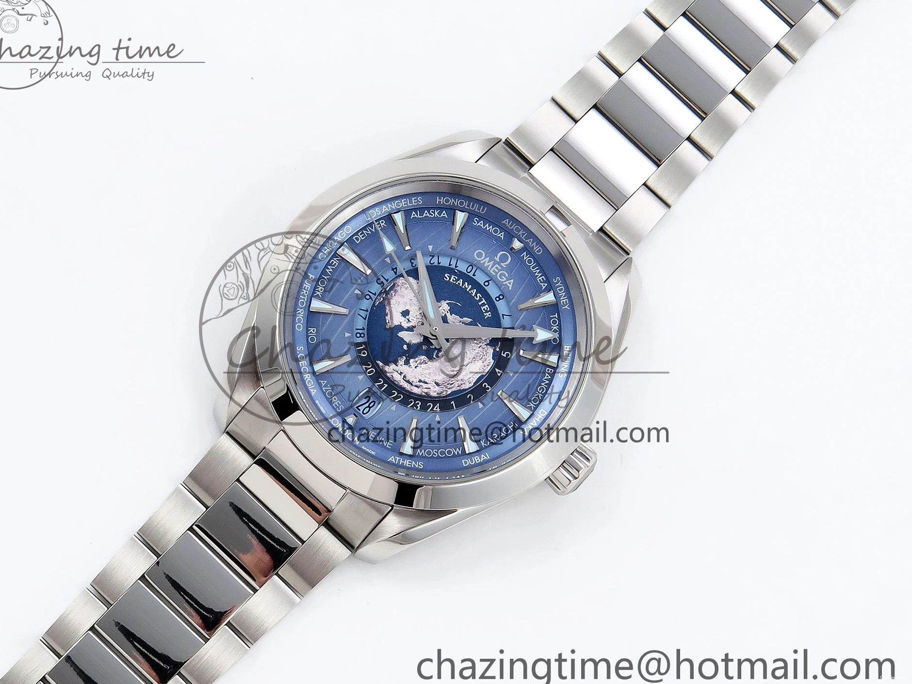 0109 Aqua Terra GMT Worldtimer 43mm VSF 1:1 Best Edition Summer Blue Dial on SS Bracelet A8938 Super Clone FashionForward 7720